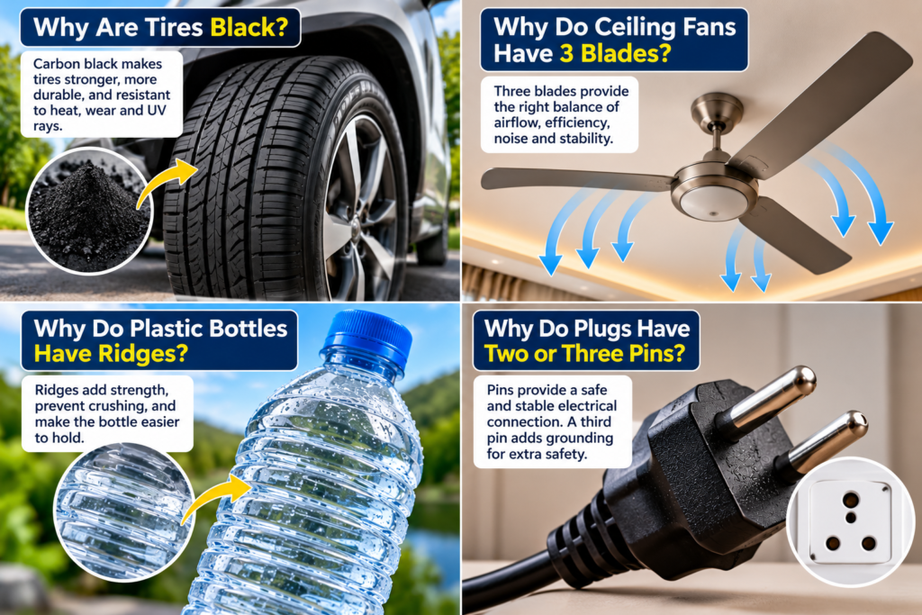 Everyday engineering examples including a car tire, ceiling fan, plastic bottle, and electrical plug