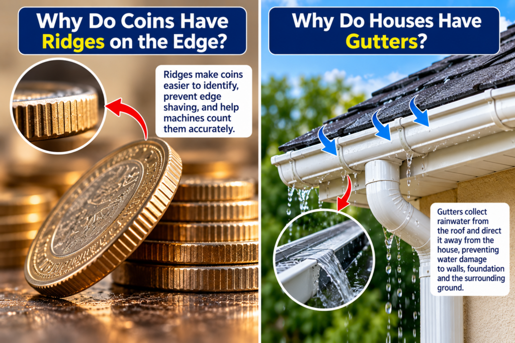 Ridged coins and a house gutter directing rainwater away from the building